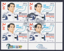 2014 SAN MARINO "20° ANNIVERSARIO SCOMPARSA AYRTON SENNA" QUARTINA ANNULLO PRIMO GIORNO - Usati