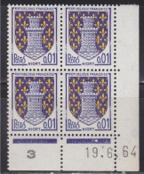 = Armoiries De Villes (IV) Niort 1c Bleu Et Jaune Coin Daté X4 Du 19.6.64 N°1351A Neuf - 1960-1969