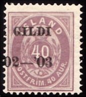 1902. I GILDI. 40 Aur Lilac. Perf. 12 3/4. Black Overprint Misplaced Overprint.. (Michel: 32B) - JF156338 - Gebraucht
