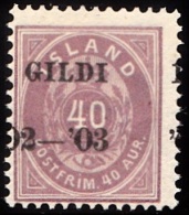 1902. I GILDI. 40 Aur Lilac. Perf. 12 3/4. Black Overprint Misplaced Overprint.. (Michel: 32B) - JF156337 - Usados