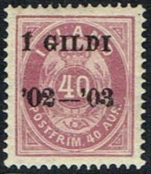 1902. I GILDI. 40 Aur Lilac. Perf. 14x13½. Black Overprint. Parts Of Two Watermarks. (Michel: 32A) - JF160554 - Used Stamps