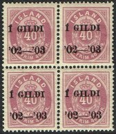 1902. I GILDI. 40 Aur Lilac. Perf. 14x13½. Black Overprint Superb Block-of-four. (Michel: 32A) - JF160748 - Usados