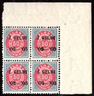 1902. I GILDI. 50 Aur Blue/red. Perf. 12 3/4. Black Overprint. Corner Block Of Four. (Michel: 33B) - JF156420 - Used Stamps