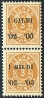 1902. I GILDI. 3 Aur Yellow. Black Overprint. Perf. 12 3/4. Large 3. Pair. (Michel: 24B) - JF159863 - Gebraucht