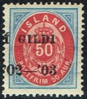 1902. I GILDI. 50 Aur Blue/red. Perf. 14x13½. Black Overprint. Parts Of Two Watermarks. (Michel: 33A) - JF160553 - Oblitérés