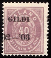 1902. I GILDI. 40 Aur Lilac. Perf. 12 3/4. Black Overprint Misplaced Overprint.. (Michel: 32B) - JF156340 - Used Stamps