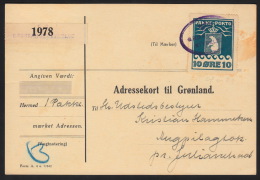 1916. PAKKE PORTO. 10 øre Blue. Thiele. Perf 11 ½. On Adressekort Til Grønland. Cancell... (Michel: 7A) - JF104792 - Pacchi Postali