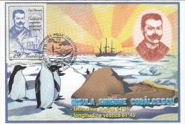 11317- BELGICA ANTARCTIC EXPEDITION, E. RACOVITA, SHIP, PENGUINS, COBALCESCU ISLAND, MAXIMUM CARD, 1998, ROMANIA - Antarctic Expeditions