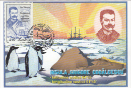 11317- BELGICA ANTARCTIC EXPEDITION, E. RACOVITA, SHIP, PENGUINS, COBALCESCU ISLAND, MAXIMUM CARD, 1998, ROMANIA - Expéditions Antarctiques