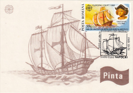 11361- CHRISTOPHER COLUMBUS, PINTA SAILING SHIP, MAXIMUM CARD, 1992, ROMANIA - Cristóbal Colón