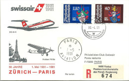 Luftpost  "Swissair - 50 Jahre Zürich - Paris"  (FL-Frankatur)              1981 - Primeros Vuelos