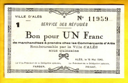 Ville D' ALES. Service Des Réfugiés. Bon Pour 1 Franc - Bons & Nécessité