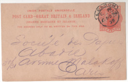 CP POSTMARK Entier Postal Great Britain & Ireland R U& Irlande 11/6/1896 One Penny  From London Paris France - Autres & Non Classés