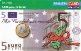 TARJETA DE PRINTELCARD DE UN BILLETE DE 5 EUROS Y MONEDA- COIN-BANKNOTE-NAVIDAD (CHRISTMAS) NUEVA-MINT - Noel