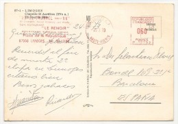 FRANCE - 1973  Mechanical Advertisement Cancel From HOTEL FRANTEL + Resto LE RENOIR Sent From LIMOGES To BARCELONA - Lettres & Documents