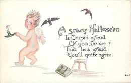 234191-Halloween, FA Owen No 201D, Cupid Holding Candle Getting Scared By Flying Bats - Halloween