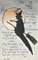 234213-Halloween, FA Owen No 866, Artist MHS, Witch On Broom Silhouette In Front Of Full Moon - Halloween