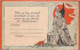 234223-Halloween, FA Owen No FAO01-1, Invitation To Party, Witch With Black Cat On Shoulder Playing Cards On Stump - Halloween