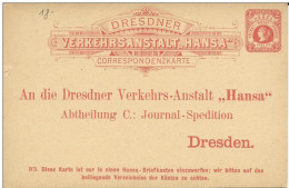 PRIVAT-STADTPOST - CARTE ENTIER De DRESDEN Avec RARE REPIQUAGE BON DE COMMANDE De La HANSA - Posta Privata & Locale