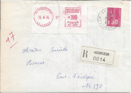 Recommandé HONFLEUR 1974 Pour Pont L'évèque Timbre 0.50F Bequet Rouge + EMA Machine SP 567 à 300 Sans Virgule - Lettres & Documents