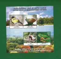 INDIA 2012 Inde Indien - BIODIVERSITY ENDEMIC SPECIES HOTSPOTS - 4v M/s MNH ** - Frog , Gibbon , Birds - As Scan - Neufs