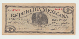 Mexico 2 Dollars 1914 AXF Pick S-938 RARE - Mexico