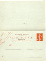 FRANCE ENTIER POSTAL DOUBLE 10c ROUGE TYPE SEMEUSE CAMEE - Cartes Postales Types Et TSC (avant 1995)