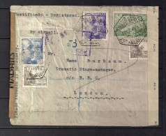 1945 MADRID, SOBRE CERTIFICADO CIRCULADO A LONDRES, CORREO AÉREO, BANDAS DE CENSURA - Storia Postale