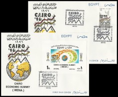 Egypt First Day Cover 1996 SET CAIRO ECONOMIC SUMMIT MENA SOUVENIR SHEET & STAMP ON 2 FDC - Storia Postale