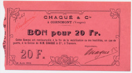 1914 // CORNIMONT //  Vingt Francs - Bons & Nécessité