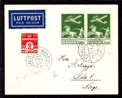 1925. Air Mail. 10 øre Green In Pair And 2 øre On Small Cover From KØBENHAVN LUFTHAVN 1... (Michel: 143) - JF103832 - Aéreo