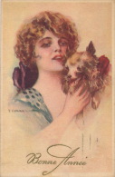 FEMMES - FRAU - LADY - DOG - Jolie Carte Fantaisie Italienne Portrait Femme Et Chien "Bonne Année "signée CORBELLA - Corbella, T.