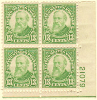 USA SC #694 MH PB4  1931 13c Harrison #21079 W/ea Stamp W/hinge Mark, CV $15.00 (H) - Plate Blocks & Sheetlets
