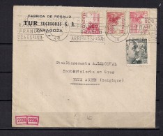 1940 ZARAGOZA, FABRICA DE REGALIZ TUR, CIRCULADO A DEUX ACREN, BANDA DE CIERRE Y MARCAS DE CENSURA - Storia Postale