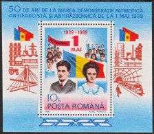 ROMANIA, 1989, Anti-fascist March, Flag, Souvenir Sheet,  MNH (**), LPMP/Sc. 1219/3570 - Neufs