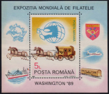 ROMANIA, 1989, World Philatelic Exhibition, Washington, Postal Coach, HORSE, S. Sheet,  MNH (**), LPMP/Sc. 1230/C284 - Neufs
