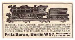 Original Werbung - 1925 - Spielzeugeisenbahn , Fritz Saran In Berlin , Eisenbahn , Dampfmaschine , Spielzeug !!! - Jouets Anciens