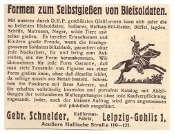 Original Werbung - 1925 - Gießen Von Bleisoldaten , Gebr. Schneider , Gießformfabrik In Leipzig , Blei , Spielzeug !!! - Soldats De Plomb