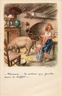 Ligue Nationale Contre Le Taudis - Maman ... Le Cochon Qui Fouille Dans Le Buffet ... Enfants - Illustrateur POULBOT - Cochons