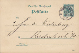 Germany Reichspost Postal Stationery Ganzsache Entier 5 Pf. WERDAU 1890 To REICHENBACH (2 Scans) - Postkarten