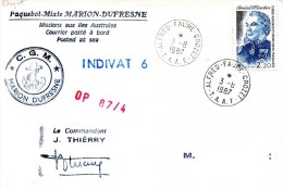 TAAF Polaire : Marion Dufresne Campagne OP 87-4. A.Faure Crozet 03/08/1987. - Cartas