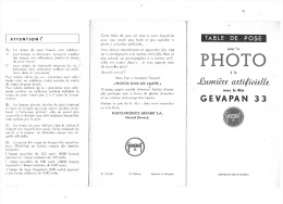 TABLE DE POSE PHOTO à La LUMIERE ARTIFICIELLE  FILM  GEVAPAN  33 - Macchine Fotografiche