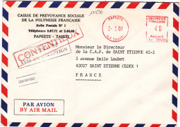 13536# POLYNESIE FRANCAISE LETTRE AFFRANCHISSEMENT MECANIQUE Obl PAPEETE ILE TAHITI 1988 ST ETIENNE LOIRE - Covers & Documents