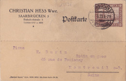 13538# SARRE CARTE POSTALE CHRISTIAN HESS Obl SAARBRÜCKEN 3 1923 SAAR Pour MONTREUIL SOUS BOIS BOIS SEINE - Brieven En Documenten