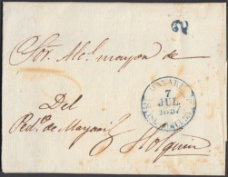 PREFI-270 CUBA ESPAÑA SPAIN. PREFILATELIA.1857. STAMPLESS. SOBRE MARCA MAYARI EN AZUL. BAEZA POSTMARK BLUE. - Voorfilatelie