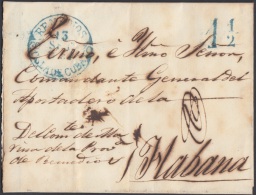 PREFI-281 CUBA ESPAÑA SPAIN. PREFILATELIA.1852. STAMPLESS. SOBRE MARCA REMEDIOS. TIPO DE CUBA EN VERDE. BAEZA POSTMARK. - Voorfilatelie