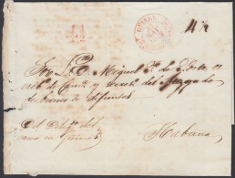 PREFI-290 CUBA ESPAÑA SPAIN. PREFILATELIA.1848. STAMPLESS. SOBRE MARCA GUINES EN ROJO. BAEZA POSTMARK RED. - Voorfilatelie