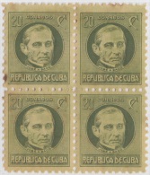 1917-136. CUBA. REPUBLICA. 1917. PATRIOTAS. Ed.211. 20c. JOSE ANTONIO SACO. BLOCK 4. CON GOMA MANCHADA. - Nuovi