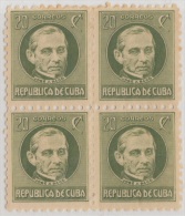 1917-140. CUBA. REPUBLICA. 1917. PATRIOTAS. Ed.211. 20c. JOSE ANTONIO SACO. BLOCK 4. CON GOMA MANCHADA. - Nuovi