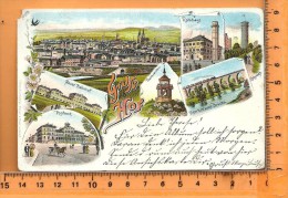HOF: Gruss, Litho Multi Vues, Panorama, Rathhaus, Neuer Bahnhof, Posthamt, Theresienstein, Unterkotzauer Brücke - Hof